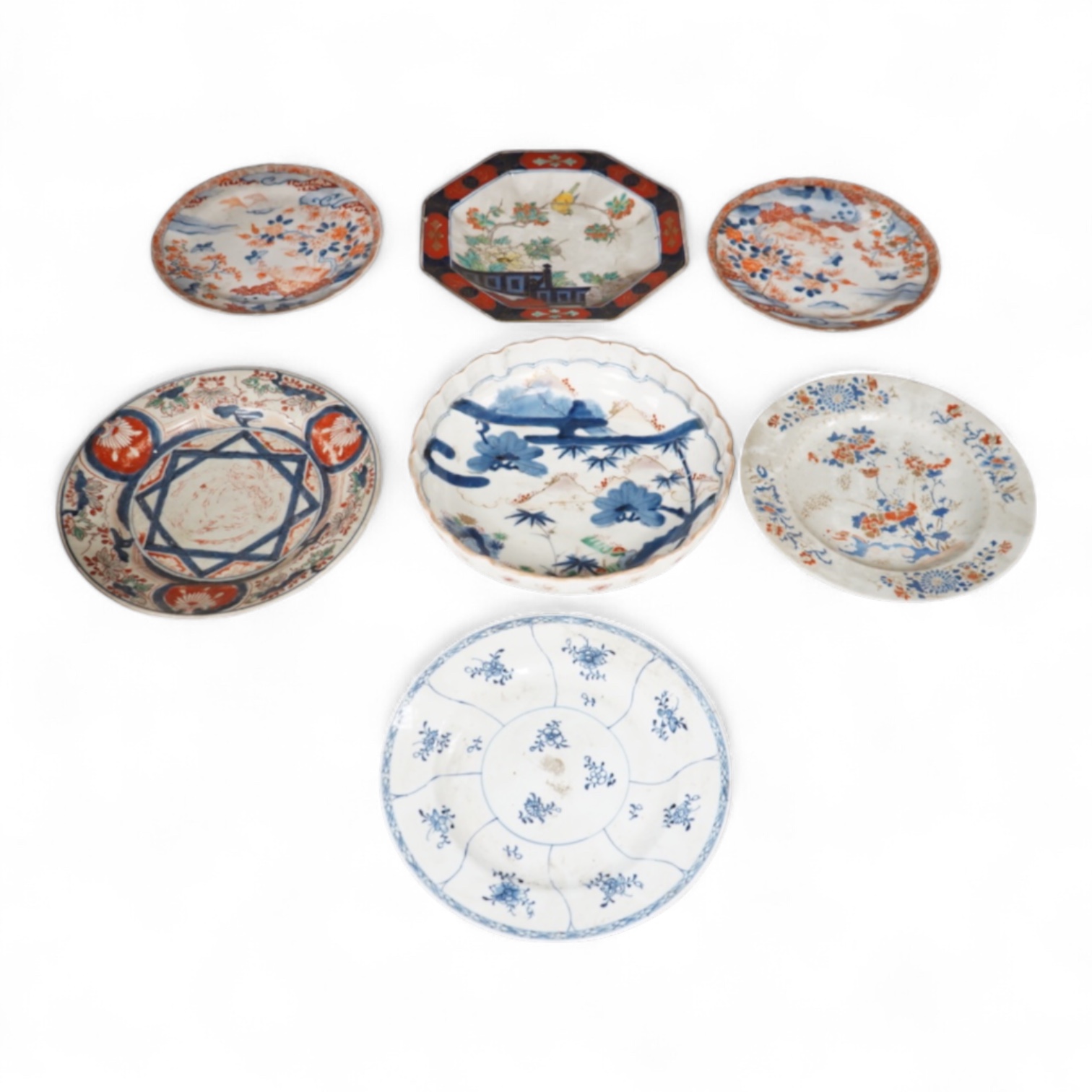 Six 19th century Japanese plates and a bowl, mostly Imari pattern, the octagonal dish with Koransha mark for Fukagawa, largest 24cm in diameter